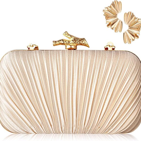 1 Set Gold Clutch Purses for Women Evening Bag Pleated with Ginkgo Leaf Earrings - Picture 1 of 7